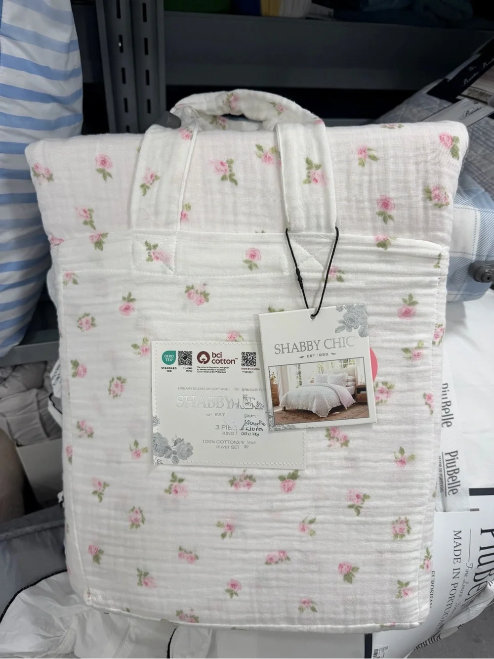 Shabby Chic Pink 3 PC King Gauze Duvet Set Pink Rose with Ruffles ~ Matching Bag - Picture 11 of 16